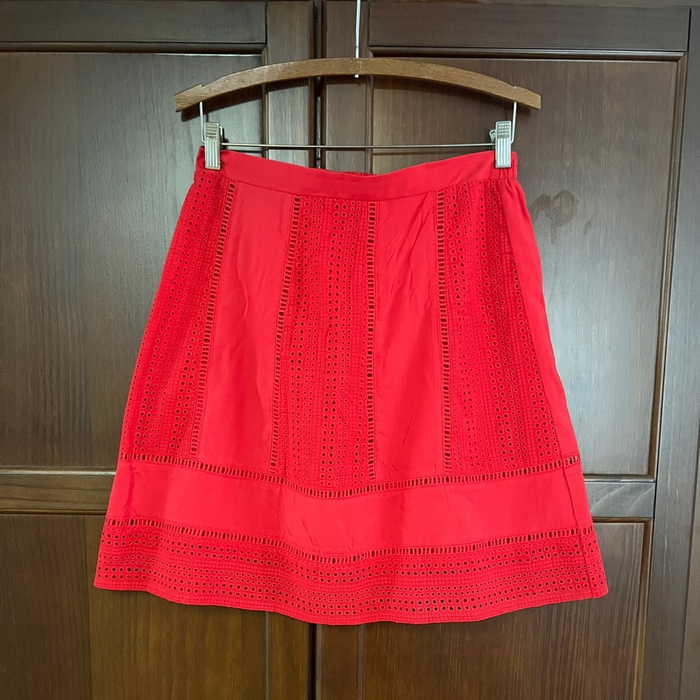 Laffaire Eyelet A Line Midi Preppy Cotton Skirt in Classic Red M